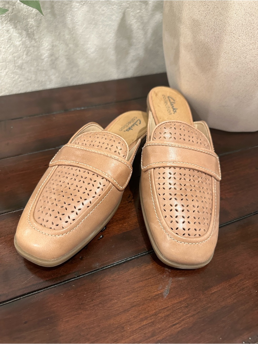 Clarks Women's Beige/Tan Perforated Slip-On Mules